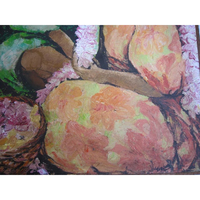 Canary Yellow Mid Century Painting Polynesian Women, Signed Ron Tredwell For Sale - Image 8 of 9