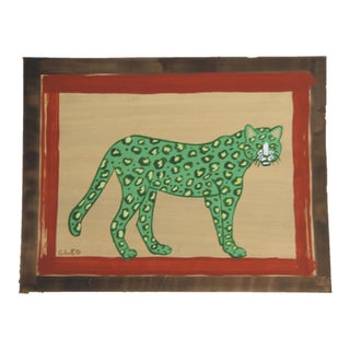 Green Leopard Expressionist Minimalism Double Border Burnt Sienna Sepia Raw Umber Original Painting by Cleo Plowden For Sale