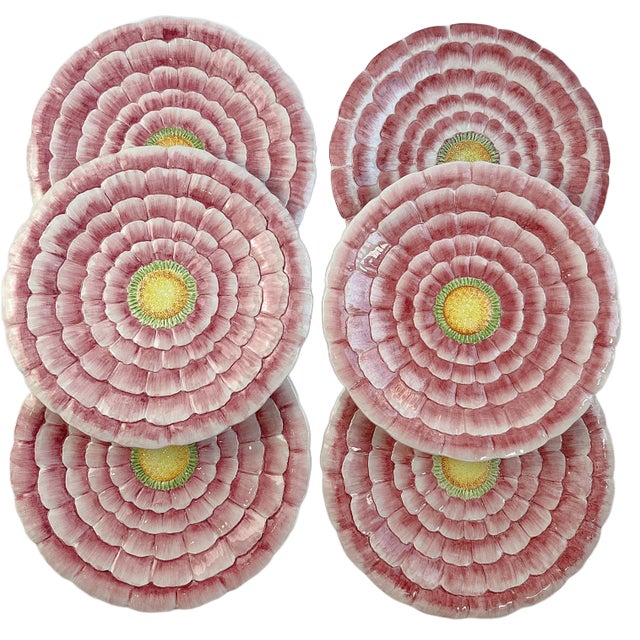 Traditional Vintage Barney's New York Large Majolica Pink Flower Chargers "Mint Condition" - Set of 6 For Sale - Image 3 of 6