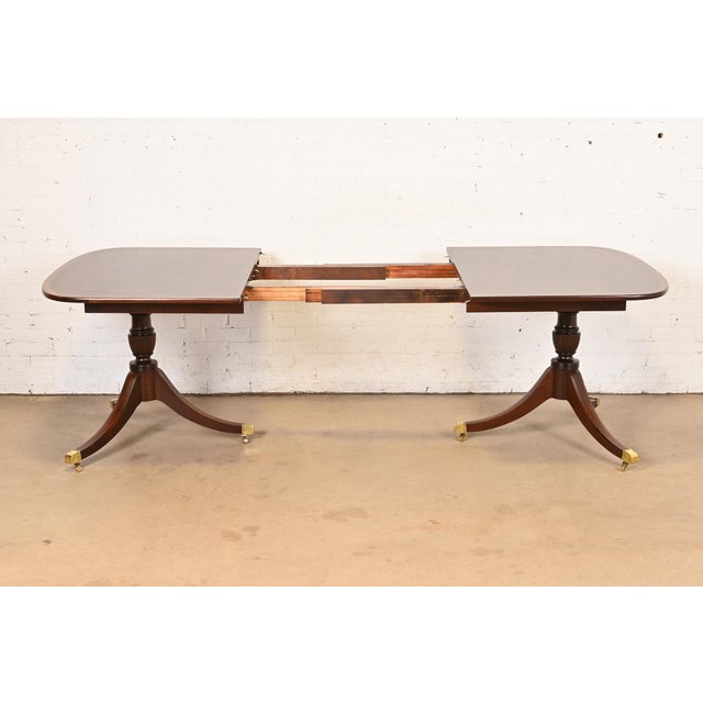 Baker Furniture Style Georgian Banded Mahogany Double Pedestal Extension Dining Table, Newly Refinished For Sale In South Bend - Image 6 of 12