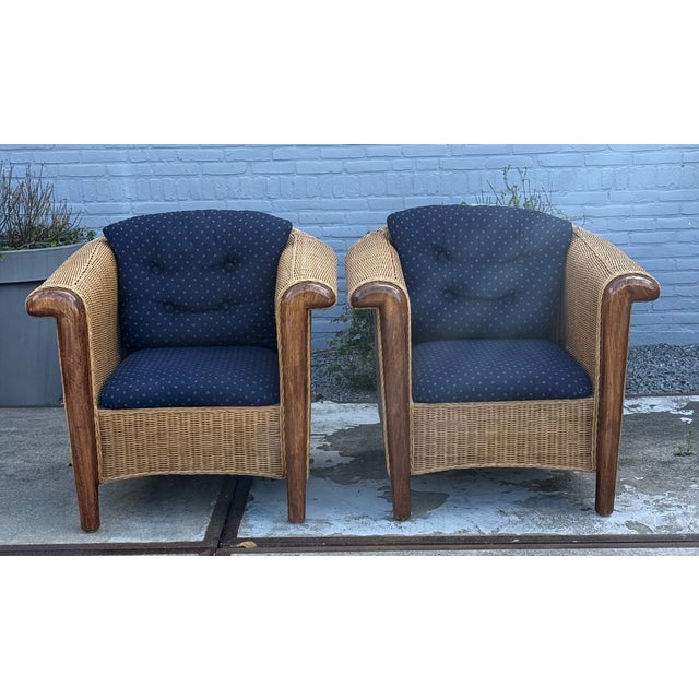 Wood and Wicker Armchairs, 1980s, Set of 2, in Very Good conditions. Designed 1980 to 1989