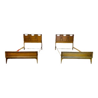 Mid Century Walnut Basset Mayan Twin Beds, Headboards, Rails, and Footboards - Set of 2 For Sale