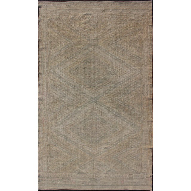 Tan and Light Blue Vintage Turkish Kilim Embroidered Rug With Geometric Diamond Design For Sale - Image 13 of 13