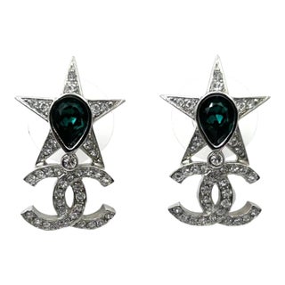Chanel Silver Star Green Stone CC Crystal Piercing Earrings, A Pair For Sale