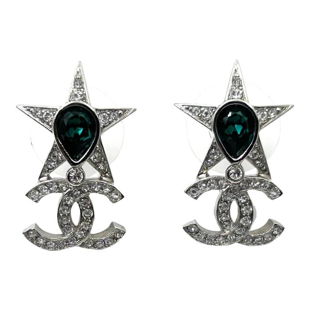Chanel Silver Star Green Stone CC Crystal Piercing Earrings, A Pair For Sale