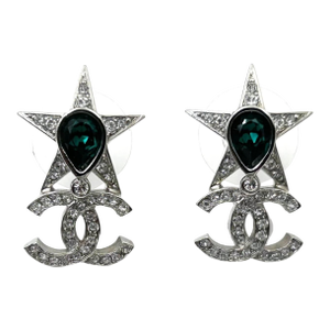 Chanel Silver Star Green Stone CC Crystal Piercing Earrings, A Pair