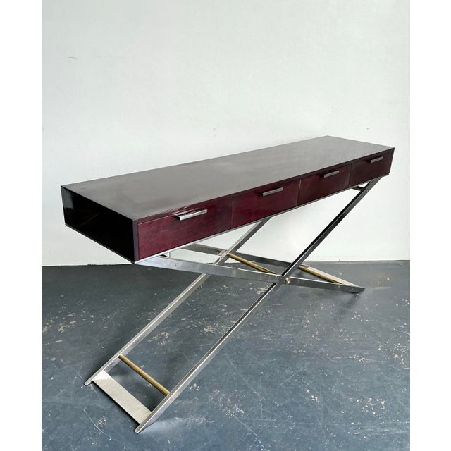 Vintage Chrome and Wood Console Table With Brass Accents For Sale - Image 12 of 12