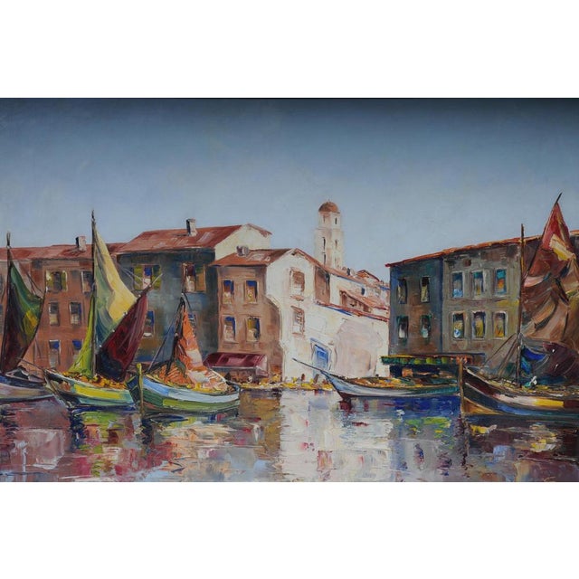 Modern Fishing Harbor in St. Tropez, 20th Century, Oil on Canvas, Framed For Sale - Image 3 of 18
