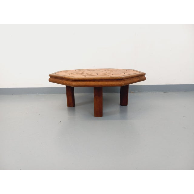 1960s Octagonal Oak Coffee Table from Barrois with Vallauris Ceramic Herbarium Top, 1960s For Sale - Image 5 of 17