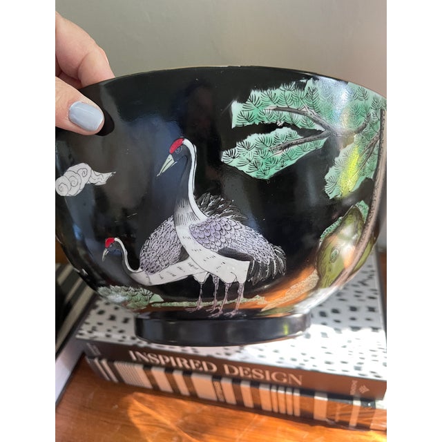 Ceramic Vintage Black Chinese Bowl With Cranes For Sale - Image 7 of 12