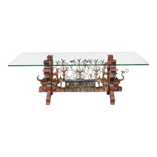Arts and Crafts Sicilian Polychromed Wood & Iron Glass Top Oxcart Cocktail Table For Sale