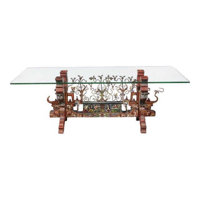 Arts and Crafts Sicilian Polychromed Wood & Iron Glass Top Oxcart Cocktail Table For Sale