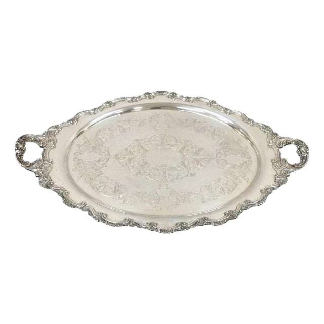 Antique English Victorian Silver Plated Large Oval Serving Platter Bar Tray For Sale