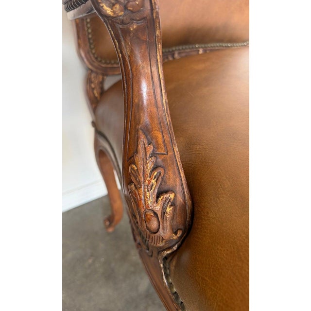 Pair of VIntage French Louis XV Cognac Leather Fauteuils For Sale In Los Angeles - Image 6 of 18