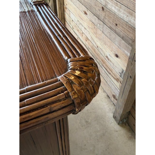 Vintage Boho Coastal Rattan & Pencil Reed Rolling Bar Cabinet With Gallery Rail For Sale In Naples, FL - Image 6 of 12
