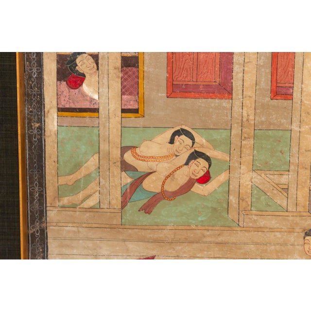 Asian Antique Vintage Thai Pavilion Gathering Narrative Painting For Sale - Image 3 of 8