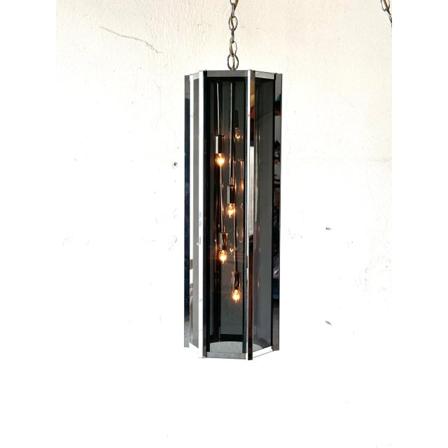 Frederick Ramond Mid-Century Smoked Glass & Chrome Hexagonal Lantern Swag / Pendant / chandelier By Fredrick Ramond, a...