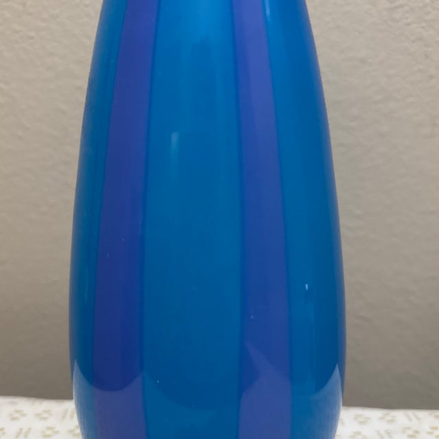 Modern 1980s Glass Vase Blue Cylinder Vertical Striped For Sale - Image 3 of 6