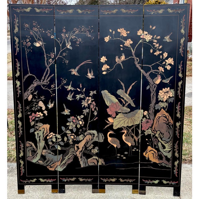 Exquisite Chinese Export Four Panel Coromandel Screen With Birds in Landscape For Sale - Image 14 of 15