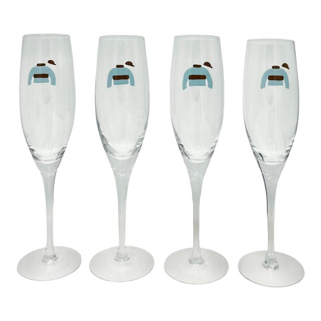 Mid 20th Century Vanderbilt Whitney Estate Hand-Painted Jockey Silk Champagne Glasses - Set of 4 For Sale