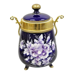Vintage Victorian Cobalt Blue Porcelain Lidded Cookie Biscuit Jar Purple Flowers