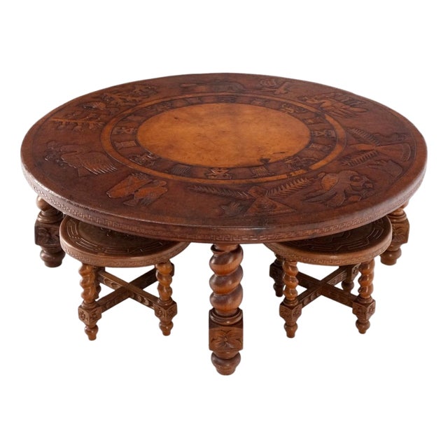 Mid 20th Century Embossed Leather South American Coffee Table 4 Nesting Stools Chairs For Sale
