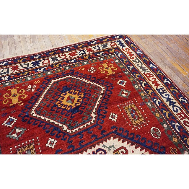 19th Century Striking Jewel-Toned Lori Pambak Kazak Rug on Red Background Color With Medallion Pattern For Sale - Image 5 of 9