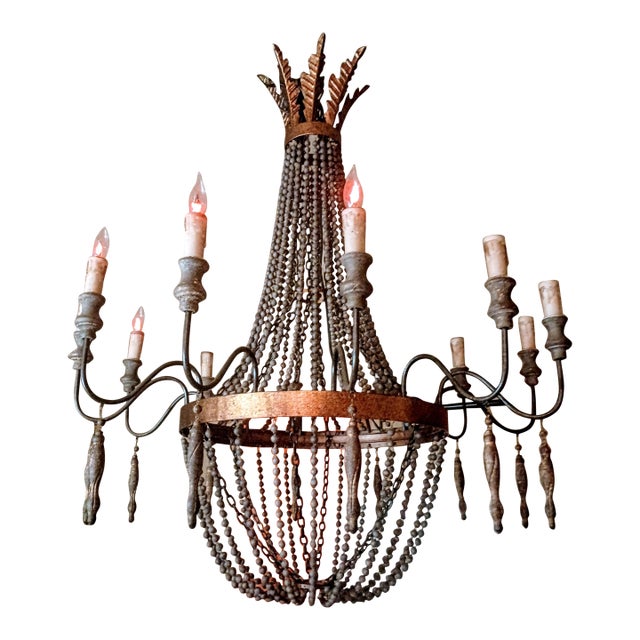 Royal Gilt Bronze Metal 12-Light Wood Beaded Candle Style Empire Chandelier For Sale