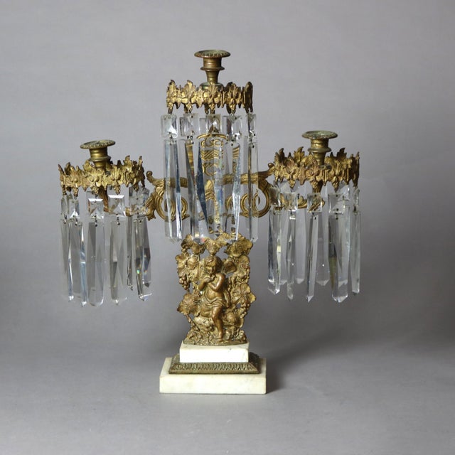 Traditional 3-Piece Antique Bronze, Crystal & Marble Figural Girandole Set With Cherubs Circa 1890 For Sale - Image 3 of 10