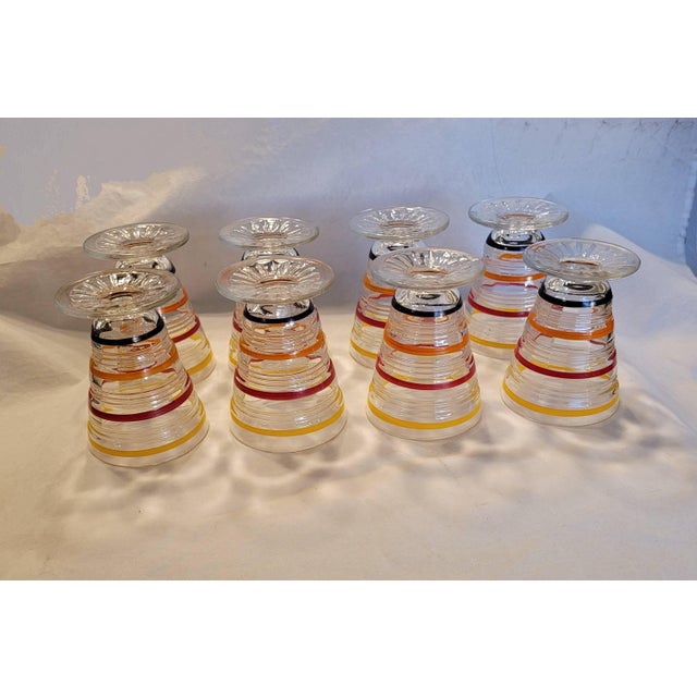 Anchor Hocking Vintage Anchor Hocking Banded Ring Footed Juice Glasses - Set of 8 - Yellow/Red/Orange/Black For Sale - Image 4 of 5