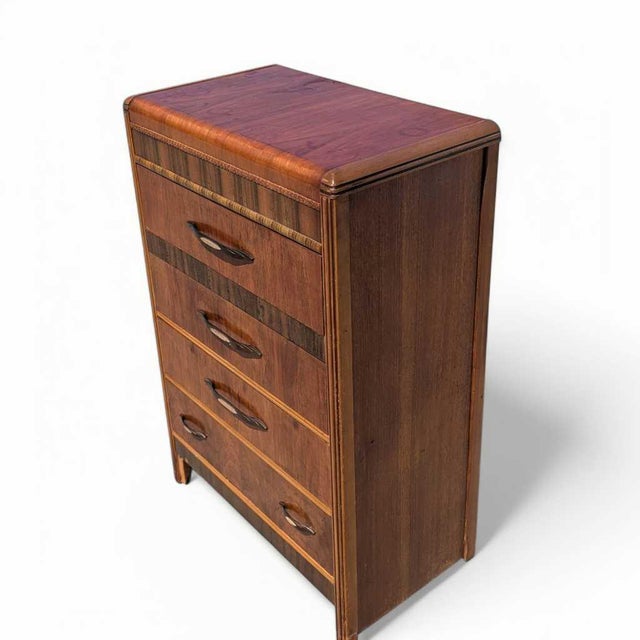 1930s Art Deco Waterfall Tallboy Dresser With Figured Wood For Sale - Image 11 of 16