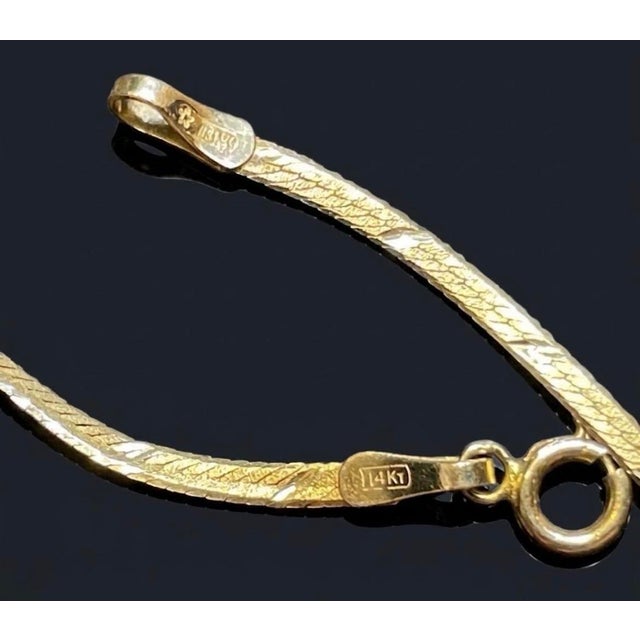 Italian 14k Gold Herringbone Chain Necklace With Solitaire Diamond From Vicenza, Italy. For Sale - Image 4 of 6