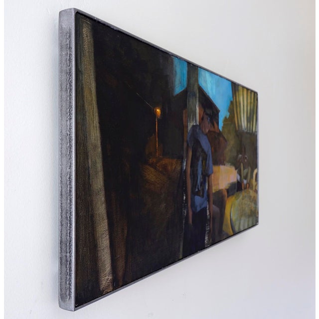 Contemporary Before by Emma Kalff | Oil on panel depicting a figure standing near a table in a dimly lit setting. For Sale - Image 3 of 5