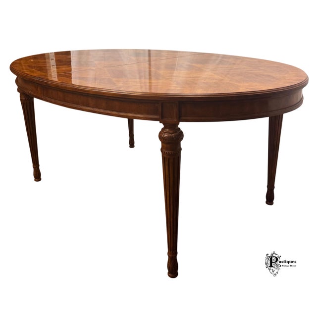 Drexel Vintage Drexel Heritage Laurette Collection French Provincial Style Mahogany Parquet Extension Dining Table For Sale - Image 4 of 12
