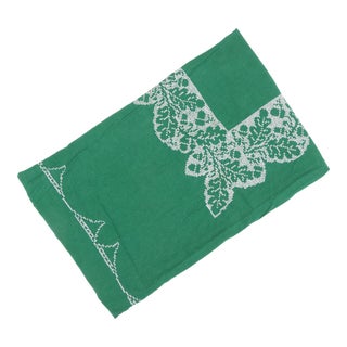 Green Linen Cross Stitched Tablecloth With Oak Leaf & Acorn Pattern For Sale