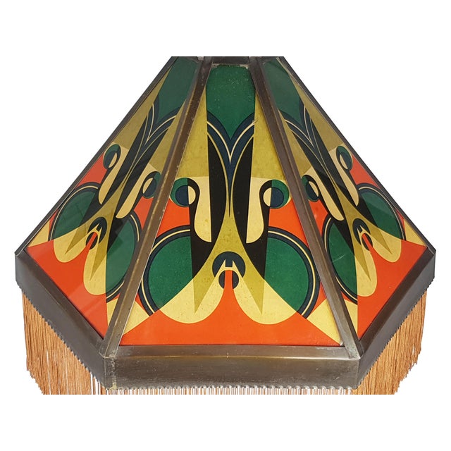 Art Deco Copper & Printed Glass Pendant Lamp attributed to the Amsterdam School, 1920s For Sale - Image 3 of 16