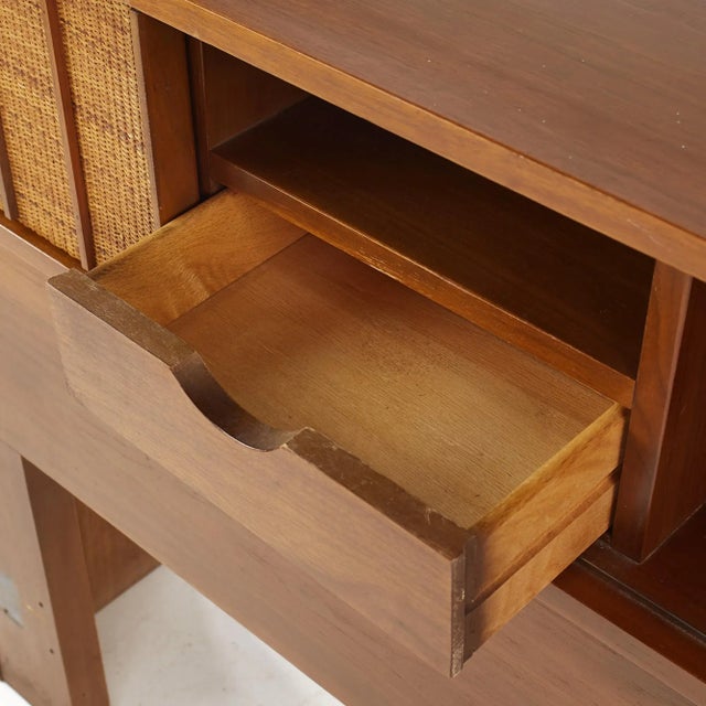 Mainline by Hooker Mid Century Walnut and Cane Twin Storage Headboard For Sale - Image 9 of 11