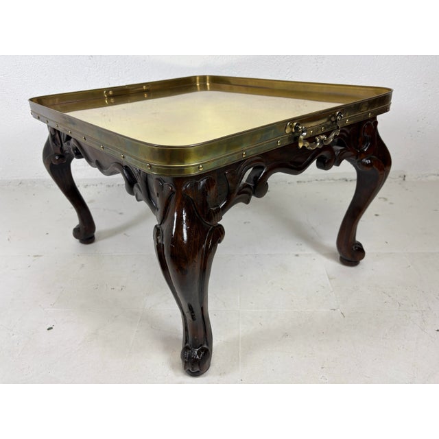 Vintage Hand Carved Pine and Brass Galley Tray Side Table For Sale In Philadelphia - Image 6 of 12
