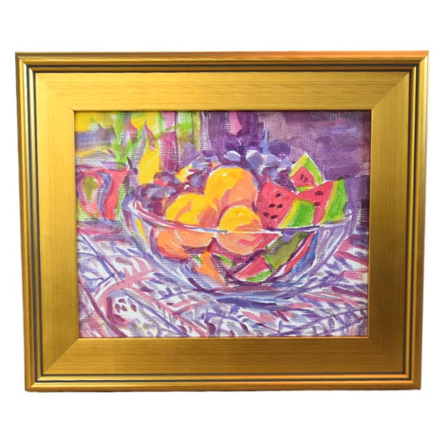 2020s Post-Impressionist Bowl Fruit Painting Including the Antiqued Gold Wood Frame For Sale - Image 5 of 5