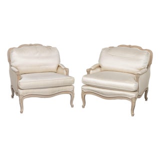 Louis XV Style White Upholstered Bergeres, Pair For Sale