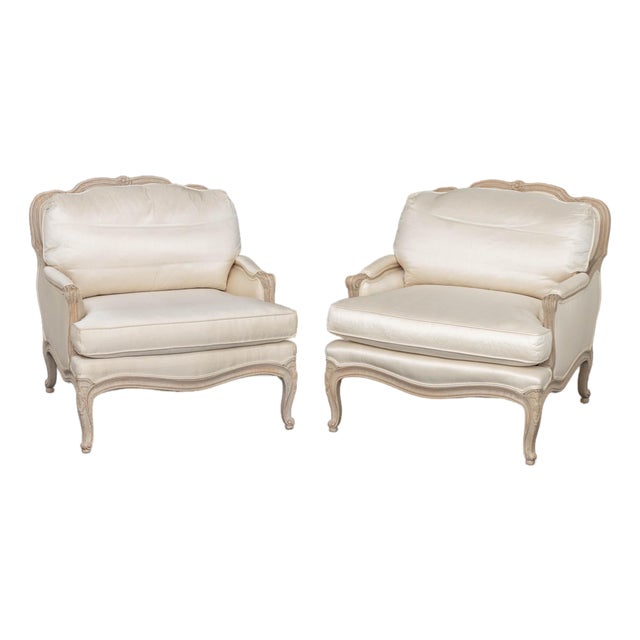 Louis XV Style White Upholstered Bergeres, Pair For Sale