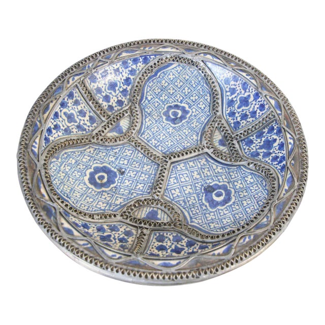 Moroccan Moorish Ceramic Bowl Adorned With Silver Filigree From Fez For Sale
