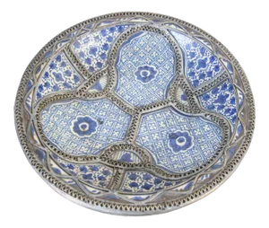 Moroccan Moorish Ceramic Bowl Adorned With Silver Filigree From Fez