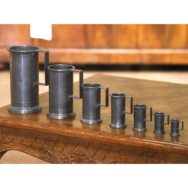 Metal Late 20th Century French Graduated Pewter Measures With Handles, Set of 7 For Sale - Image 7 of 11