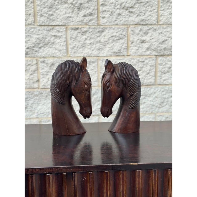 Campaign Vintage Equestrian Horse Head Sculptures in Dark Carved Wood - A Pair For Sale - Image 3 of 12
