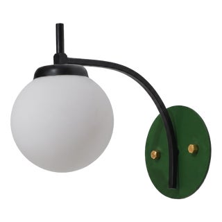 Vintage Italian Curved Wall Sconce with Opaline Globe and Green Backplate, 1950s For Sale