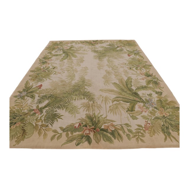 Antique French Aubusson Rug With Botanical Green Floral Design - Rug & Kilim For Sale