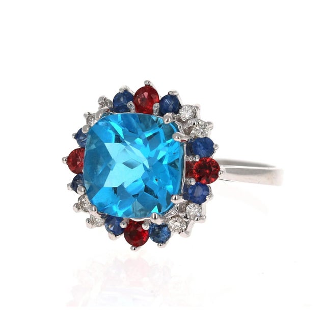 Contemporary 5.39 Carat Cushion Cut Blue Topaz Sapphire Diamond 14K White Gold Cocktail Ring Size 7 For Sale - Image 3 of 6