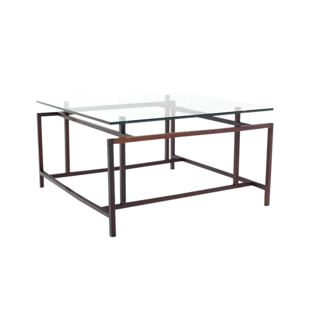 Mid-Century Modern Square Rosewood Geometrical Base Glass Top Coffee Table For Sale