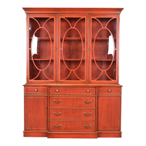 Georgian Red Lacquered Lighted Breakfront Bookcase Cabinet With Drop Front Secretary Desk by Jasper Cabinet Co.
